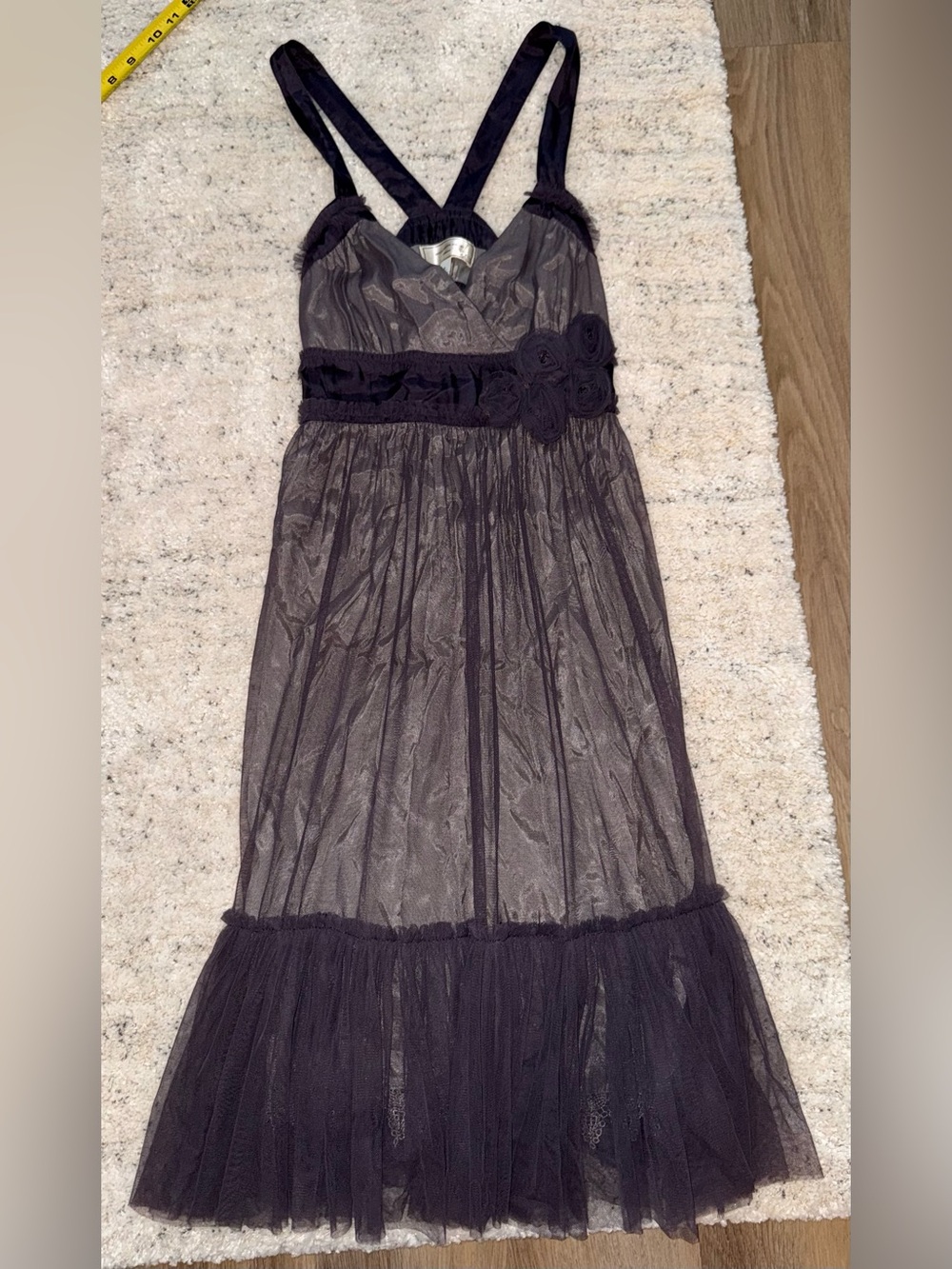 Moulinette Soeurs Anthropologie Dress Size 0 Gray Tulle Rosette Midi Y2K